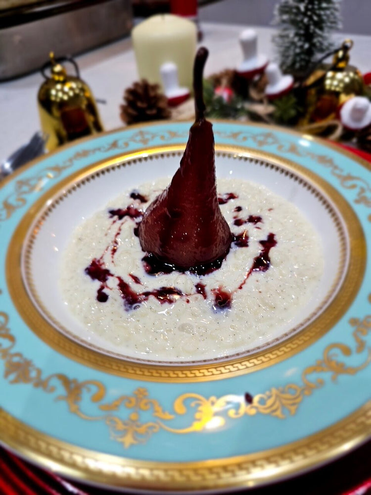 VANILLA RICE PUDDING WITH MULLED WINE POACHED PEAR 